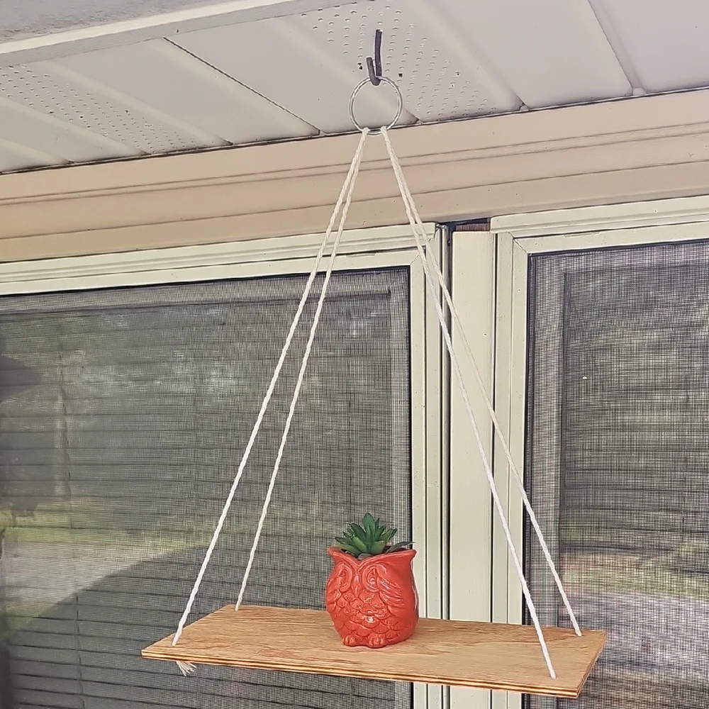 Hanging Wooden Shelf with Ceramin Owl Planter
